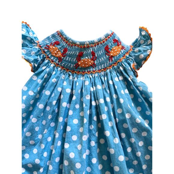 Surcie Smocked Crabs Bishop Dress Girls Size 18mo Blue With White Polka Dots - Picture 6 of 7